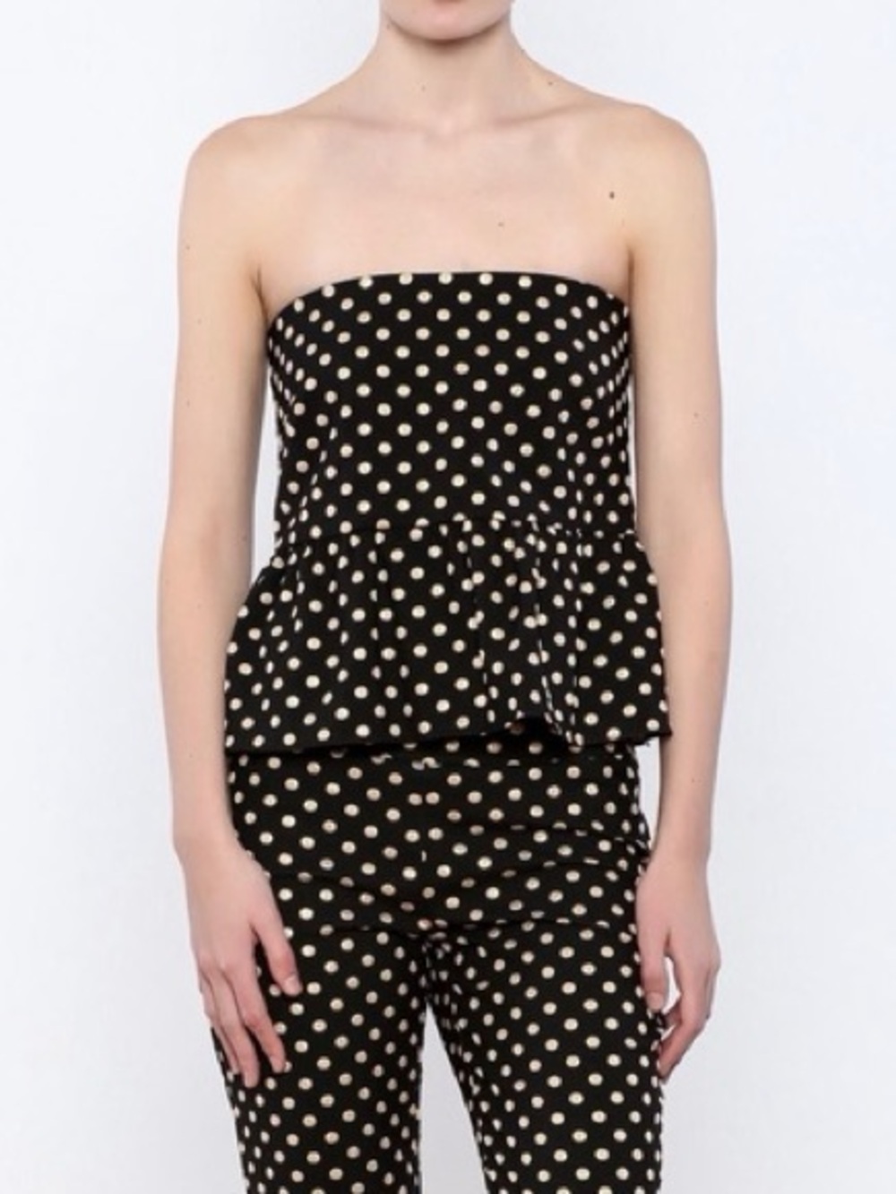 Nicole Miller Artelier Black Strapless Polka Dot Peplum Top